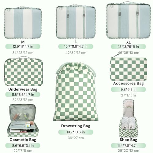 BAGAIL 8 Set Packing Cubes Luggage Packing Organizers for Travel Accessories-Matcha checkered - color: Matcha checkered, size: 8 Set