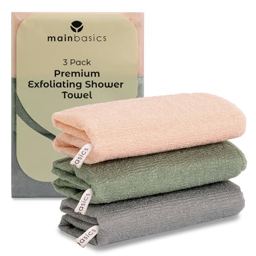 MainBasics Japanese Deep Exfoliating Shower Towel, 3 Pack, Earthy Love | Japanese Nylon, Body Washcloth, Textured for Effective Exfoliation, Quick-Dry, Durable, Helps Reveal Smoother Skin - color: Earthy Love
