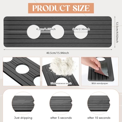 Teenyyou 3 Hole Gray Faucet Mat for Kitchen Sink Bathroom 15.94" x 4.92" Kitchen Faucet Absorbent Mat Diatomite Splash Guard Quick Drying Stone Drip Catcher Hole 2.36" Holes Spaced About 1.65" - color: Gray, style: 3 Hole
