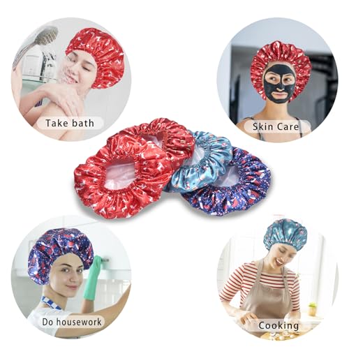 4 PCS Shower Cap for Women, Elastic and Reusable Bath Caps, Double Layers Shower Caps Reusable Waterproof, Bathing Shower Caps, Environmental Bath Hair Protection Cap - Chrismas Pattern - color: Chrismas Pattern 4 PCS/Set