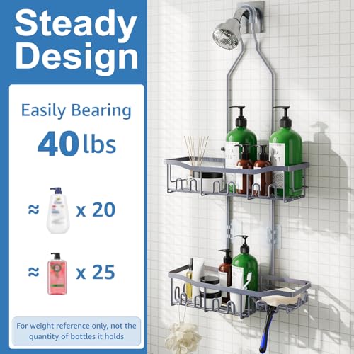 Upgraded Extended Length Shower Caddy Over Showerhead No Blocking to Showerhead, Rustproof Bathroom Organizers and Storage with Hooks Shampoo Soap Holder, Large Hanging Caddy, Grey - color: Grey - 2 Tier - Standard