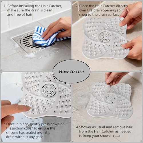 Silicone Hair Catchers Drain Screens 2-Pack, 5.31-inch Square Shower Drain Protectors Strainers with Suction Cup Suit for Showers, bathrooms, Sinks, Floor drains (White)