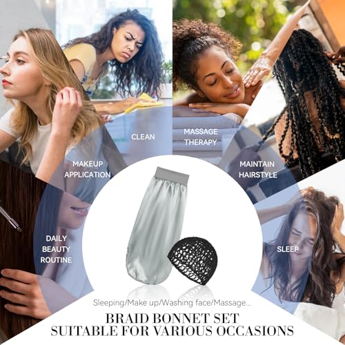 Long Bonnet-Crochet Hair Net Set Braid Bonnets for Black Women Mesh Hair Net Anti Frizz Satin Large Bonnet for Curly, Braids Hair 2 Piece Set Reusable Elastic (black net, silver bonnet) - color: Black Net, Silver Bonnet