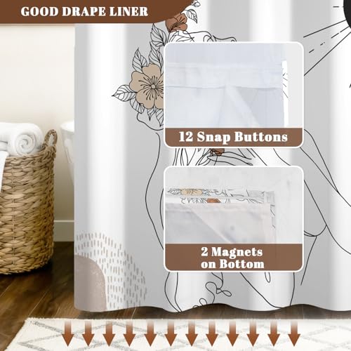 No Hook Shower Curtain with Snap in Liner, 2-in-1 Double Layer Bath Curtain Set 71x74 Inch | Abstract Feminine Line Art with Moon & Flowers, Sheer Mesh Top, Modern Boho Bathroom Decor - color: Feminine Art