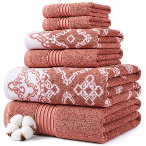 Modern Threads Charlize 6-Piece 100% Cotton Towel Set – Reversible Yarn Dyed Jacquard & Solid – Includes 2 Bath Towels, 2 Hand Towels, 2 Washcloths – Absorbent, Quick Dry, Soft & Durable – Clay - color: Clay, style: Fancy Medallion