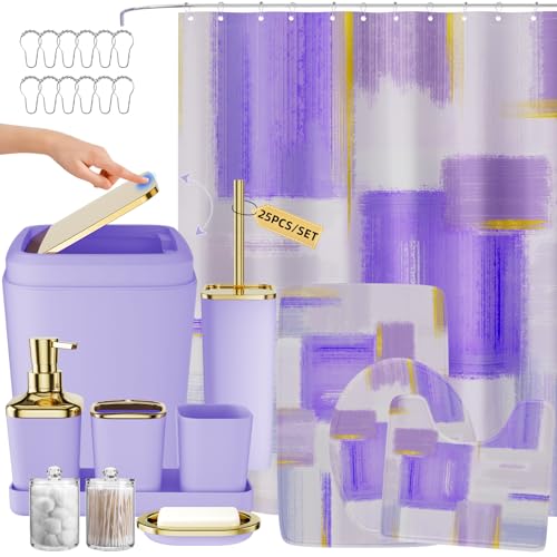 XLHOMO Bathroom Accessories Set - 25PC Bathroom Set with Shower Curtain and Rugs, Purple Bathroom Set, Bathroom Accessory Set with Press-on Lid Trash Can, Soap Dispenser and Qtip Holders - color: Purple & Gold, size: Plaid Complete Set + Bath Rugs