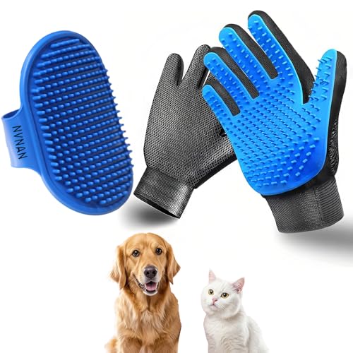 NVNAN Cat & Dog Grooming Glove and Curry Brush Set | Includes grooming glove and curry bath brush for deshedding, bathing, brushing, and gentle pet hair removal - color: Gloves + Brush