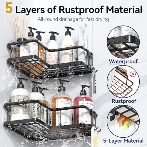 YASONIC Corner Shower Caddy Adhesive, 100% Rustproof Shower Organizer with Soap Holder, No Drill Shower Shelf for Inside Shower, Wall-Mounted Shower Storage for Homes (3 Pack, Black) - color: Black