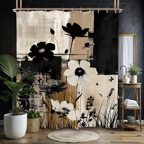 Miyotaa Abstract Modern Plant Flower Shower Curtain Set 60Wx71H Inches Black Tan Contemporary Minimalist Brushstroke Botanical Art Waterproof Bathroom Curtain with 12 Hooks - color: Brushstroke Plant, size: 60"W x 71"L (Pack of 1)