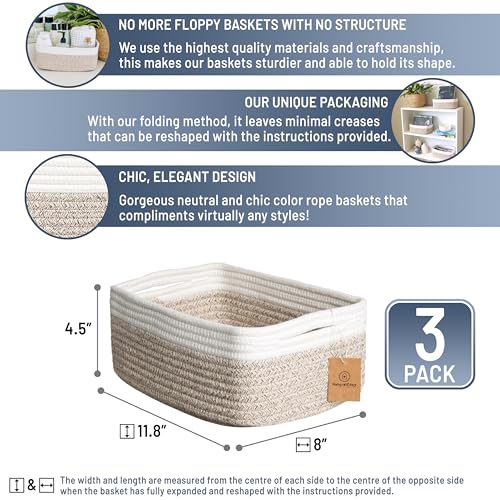NaturalCozy 11.8"x8"x4.5” Storage Baskets for Shelves 3 Pack | Cotton Rope Woven Small Baskets for Organizing | Small Storage Bins for Nursery, Bathroom, Closet, Cube Shelf, Decorative, Gift Basket - color: Off White & Mixed Brown, size: 11.8" x 8" x 4.5"