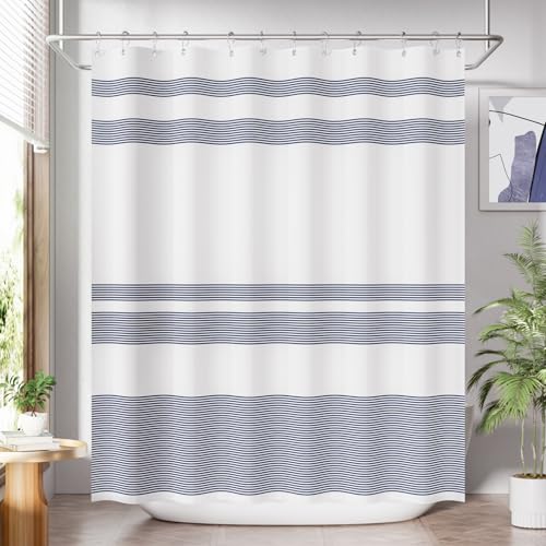 AmazerBath Navy Blue Shower Curtain, Blue and White Striped Bathroom Shower Curtain with 12 Shower Curtain Hooks, Rustic Fabric Blue and White, 72x72 Inches - color: A- Blue Stripe +12 Metal Hooks, size: 72"W x 72"L (Pack of 1)