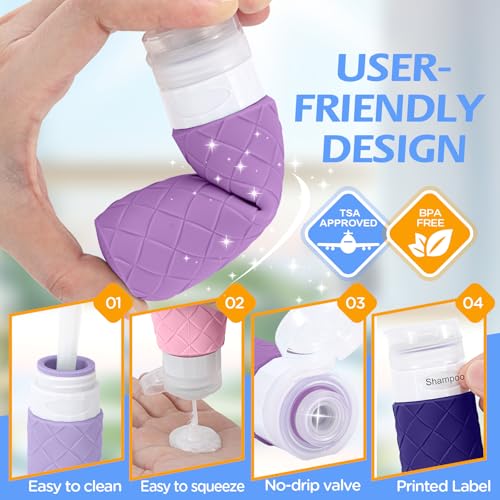16 Pack Travel Bottles for Toiletries, TSA Approved Travel Size Toiletries Containers Set, BPA-Free Silicone Leak Proof Refillable Bottles Stackable Creams Jars Accessories Kit W/Clear Bag(Purple) - color: Purple