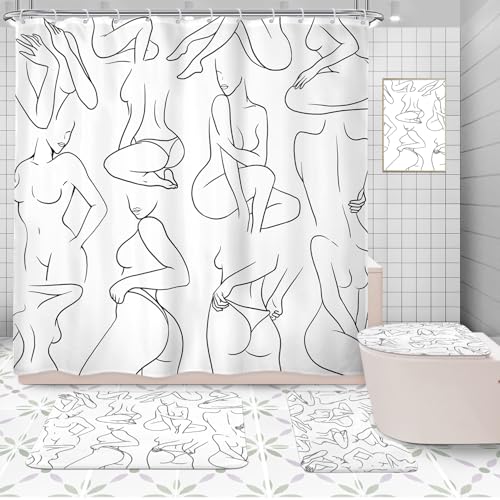SVBright 4PCs Abstract Black White Bathroom Sets Women Line Shower Curtain Set 72Wx72H Modern Bathroom Rug Quick Dry Bath Rug Mat Toilet Mat U-Shape Cover Nonslip Washroom Decor Shower Accessories - color: A-03white（4pcs）, size: 72"W x 72"L (Pack of 4)