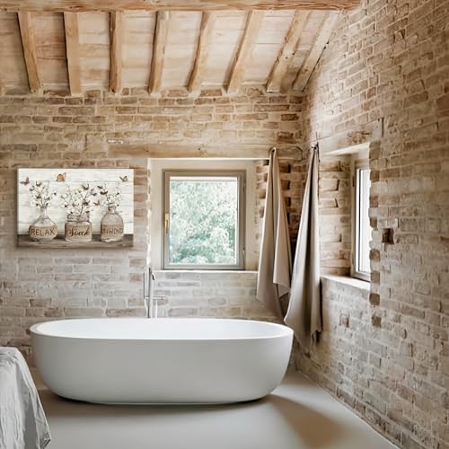 BJVJKSU Farmhouse Bathroom Wall Art Rustic Cotton Flower Bathroom Canvas Wall Decor Relax Soak Unwind Sign Painting Print Vintage Aesthetic Picture Artwork Decor(16x24in) - color: Brown Wrapped Canvas, size: 24"L x 16"W
