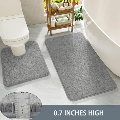 HOMORE Bathroom Rug Set 2 Piece,Soft Absorbent Bath Mats Set,Machine Washable Gray Bath Rug Sets for Bathroom Non Slip,(21"x34"+21"x21") Plush Shaggy U Shape Contour Toilet - color: Grey