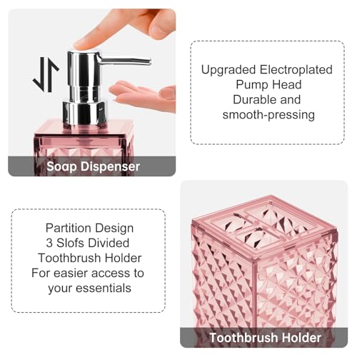 Bathroom Accessories Set 2 PCS, Pink Bathroom Accessories Include Soap Dispenser and Toothbrush Holder, Diamond Pattern Bathroom Set for Boho Bathroom Decor - color: Pink