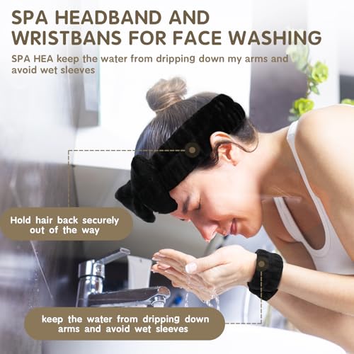 WSYUB Spa Headband and Wristbands for Face Washing,Face Wash Headband and Wristband Set,Black and Pink,6pcs - color: Black and Pink
