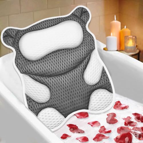 Bath Pillow for Tub Ergonomic Bear Shape Design Bath Pillow for Head and Neck Support SPA Gift Bathtub Pillow 4D Air-Mesh with 8 Suction Cups Washable Gray - size: 19''*21'' Bear Shape