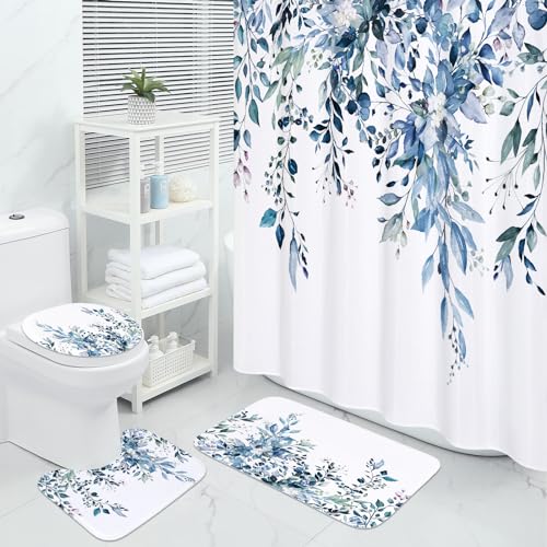 MitoVilla 4 Pcs Blue Eucalyptus Bathroom Sets with Shower Curtain and Rugs, Modern Shower Curtain Sets with Rugs for Bathroom Decor, Bathroom Decor Curtain Sets with Mats and Accessories - color: Blue