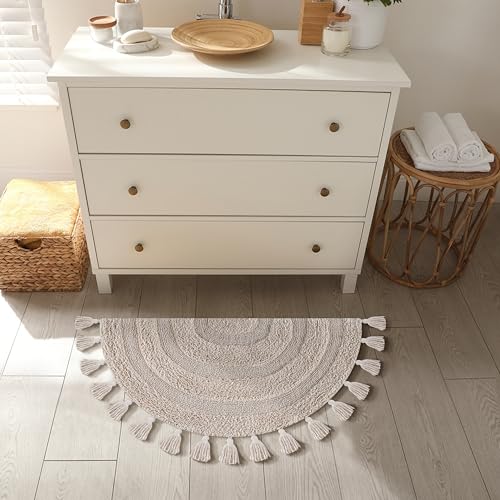 Cotton Half Circle Boho Bathroom Rug with Antiskid 22"x36" Beige – 100% Cotton Scalloped Bath Mat, Anti Skid, Soft & Absorbent Bathroom Rug for Shower, Tub & Entryway - color: Beige, size: 22"x36" - Half Circle