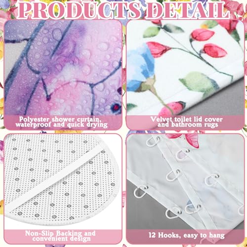 Tatuo 8 Pcs Wildflower Shower Curtain Set Watercolor Floral Bathroom Accessories Decor Farmhouse Plants Butterfly Waterproof Shower Curtain with Towels Carpet Bath Mat Toilet Rugs and 12 Hooks - style: Wildflower