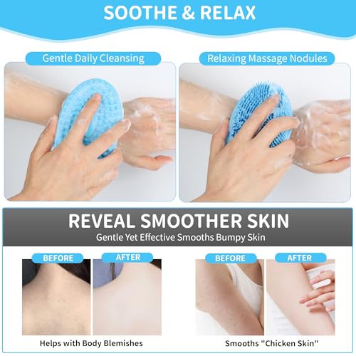 Silicone Body Scrubber for Shower – 2 Pack Soft Exfoliating Loofah Alternative, Gentle & Quick-Drying Silicone Body Wash Scrubber Brush for Sensitive Skin Women Men Kids (Blue & Green)