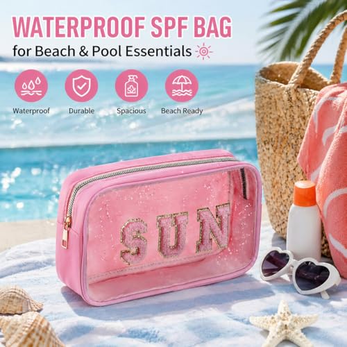 Clear Sunscreen Pink Makeup Bag with SUN Chenille Letter - Beach SPF Cosmetic Organizer, PVC Waterproof Toiletry Pouch for Women, Pool, Travel, Swimming - style: Pink-sun