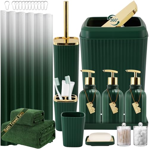 32PCS Bathroom Accessories Set Bathroom Set,Hunter Green Shower Curtain Set,Bath Towel Set,Hand Towel,Toilet Brush,Trash Can & 3PCS Soap Dispenser - size: Bath Set+Shower Curtain+Towel Set, style: Dark Green
