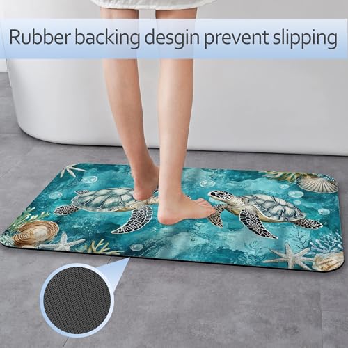 Ocean Turtle Bathroom Rug 29.5"x17", Super Absorbent Fast Drying Bath Mat with Non-Slip Rubber Backing, Thin Low-Profile Easy-Clean Bathroom Floor Mat for Shower or Tub - color: Ocean Turtle
