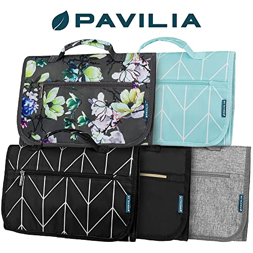 PAVILIA Hanging Toiletry Bag for Women Men, Large Foldable Toiletries Organizer with Hook, Water-Resistant Makeup Cosmetic Rollup Case, Clear Pockets for Bathroom, Gym, Cruise (Black) - color: Black