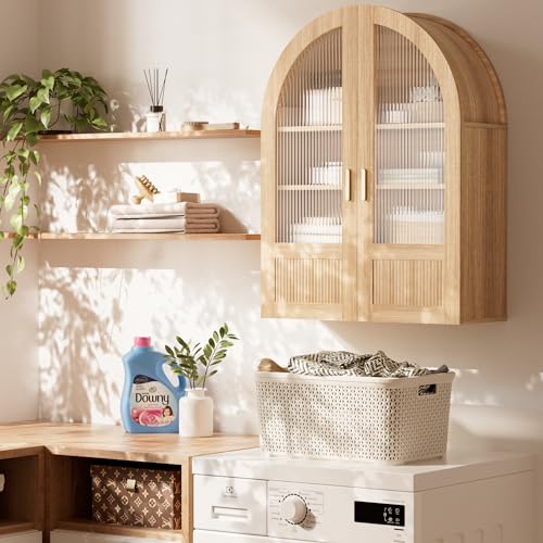 INNOD 4-Tier Arched Bathroom Wall Cabinet with Adjustable Wood Shelves, Over the Toilet Storage Cabinet with Acrylic Doors, Medicine Cabinet for Laundry Room & Living Room Kitchen (Natural Oak)