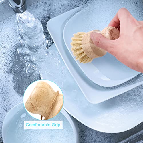 Bamboo Dish Brush Set, 4 Pcs Palm Wooden Dish Scrubber Brush, Dish Brushes, Durable Wood Dishes Scrub Brush, Natural Round Vegetable Cleaning Pots Pans Sink Washing Kitchen Brush by Aisuly - size: 2p Palm+2p Sisal