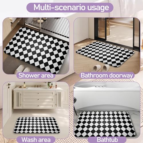 Black White Checkered Bathroom Mat, Non Slip Rubber Backed Fast Dry Bath Rug, Thin Bath Mat for Bathroom Kitchen 17"x30" - color: Black White Checkered