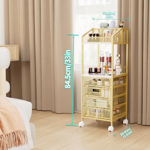 HapiRm Makeup Organizer Storage Cart - Floor Skincare Make Up Storage with 4 Drawers, Rolling Makeup Cart Vanity Organizer Cosmetics Display Cases Holder for Skin Care Perfume Nail Polish, Gold - color: Gold