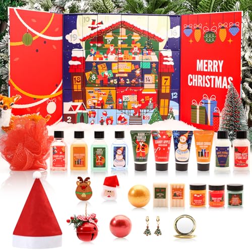 Advent Calendar 2025 Adult, Holiday Gift Baskets for Women with Hand Cream, Epsom Salt, Candle, Necklace, Brooch, Ear Clips, Skincare Beauty Advent Calendar, Happy New Year Countdown Calendar Gift Set - color: Off White