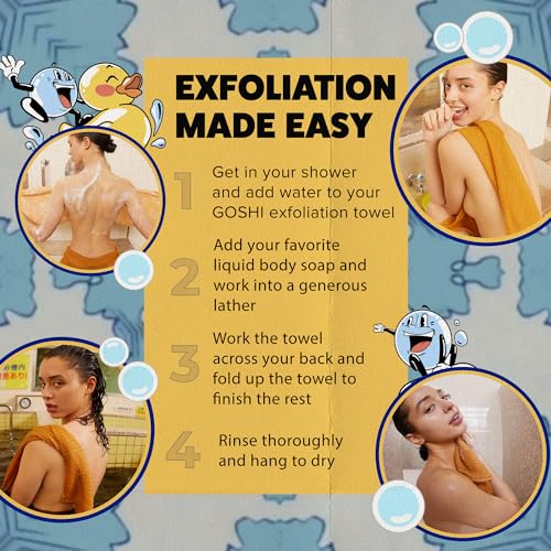 GOSHI Exfoliating Shower Towel - Long Body Scrubber for Back Acne, KP & Smooth Skin - Durable Rip-Resistant Weave, Quick-Dry Nylon Washcloth - Ethically Crafted in Gunma, Japan - Orange - color: Yellow