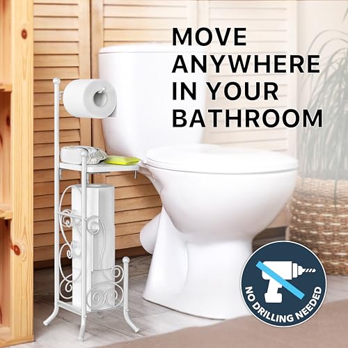 Simple Houseware English Style Bathroom Toilet Tissue Roll Holder Stand with Shelf, Marbled White - color: White, size: Wood Shelf - 29.2''H