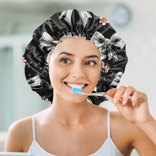 Luxury Shower Cap Silk Satin Lined Waterproof Reusable Adjustable Elastic Dry Hair Bathing Caps Cute for Women Girls-Grey Bowknot - color: C--7-Grey