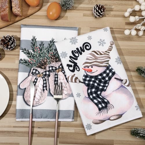 Sratte 6 Pcs Christmas Kitchen Towels Winter Dish Towels Absorbent Gray Strip Reindeer Snowmen Hand Towel Snowflake Gloves Decorative Xmas Tea Towel Decor Cozy Winter Decor for Kitchen Bathroom Gift - color: Beige, Gray, size: Cozy Winter