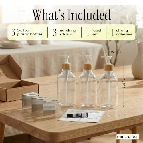 Shampoo and Conditioner Dispenser Wall Mounted Set of 3 Clear Bamboo - No Drill Shower Soap Dispenser for Bathroom Refillable - Spa Hotel Style Accessories by MaisoNovo - color: Clear Bamboo Set of 3
