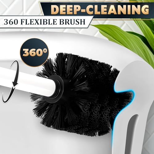 Stainless Steel Toilet Brush and Holder Set White - Long Handle Toilet Bowl Cleaner Brush and Holder - Removable Inner Liner, Shiny Design, Splash Protection & Dense Bristles for Bathroom Cleaning - color: White 2 Pcs
