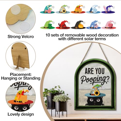 Funny Spring Cat Bathroom Decor - Interchangeable Seasonal Cats Bathroom Hanging Wooden Sign for Restroom Shelves Toilet Tank Decoration(10 Pcs) - Are You Pooping - color: Cat are