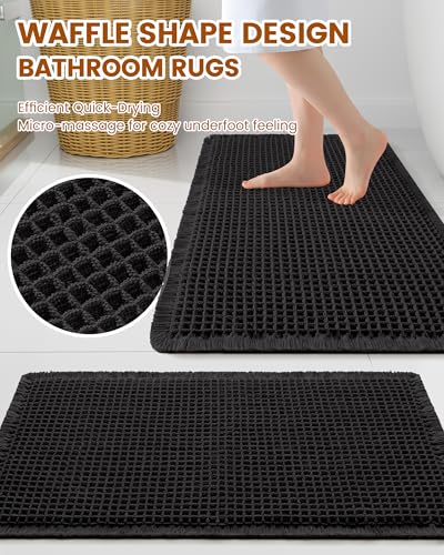 Smiry Waffle Bath Mat 60x24, Extra Soft Absorbent Bathroom Rugs, Non Slip Machine Washable Quick Dry Bath Rugs for Bathroom Floor, Tub, Shower, Home Decor Accessories, Black - color: Black, size: 60'' X 24''