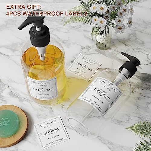 2PCS Clear Dish Soap Dispenser for Kitchen with Rust Proof Pump (16 Oz), Premium Hand Soap Dispenser for Bathroom, Plastic Liquid Soap and Lotion Dispenser/Bottles Set, Waterproof Labels - color: Clear
