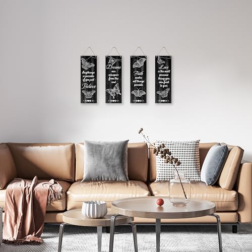 Qiwog 4 Pcs Butterfly Wall Decor Wooden Sign, Black Butterfly Bedroom Decor, Love Believe Dreams Faith Wooden Hanging Sign, Suitable For Home Wall Bathroom Bedroom Inspirational Decoration, A16 - color: Rustic