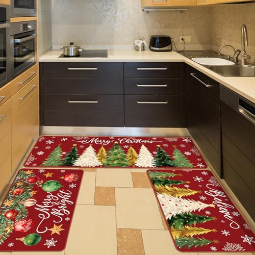 Drydiet 3 Pcs Christmas Kitchen Rug and Mat Set Washable Red Xmas Tree Kitchen Floor Mats Waterproof Non Slip Farmhouse Merry Christmas Doormat Holiday Xmas Decor for Home Office Bathroom Party Decor - color: Red, style: Christmas Tree