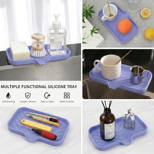 MicoYang Silicone Soap Dish with Drain Spout — Self-Draining Sink Organizer Tray for Bathroom & Kitchen, Sponges, Dispensers & Soap Holder, Non-Slip & Dishwasher Safe, Light Purple (Medium, 9.6"×5.3") - color: Light Purple, size: M(9.6"×5.3")
