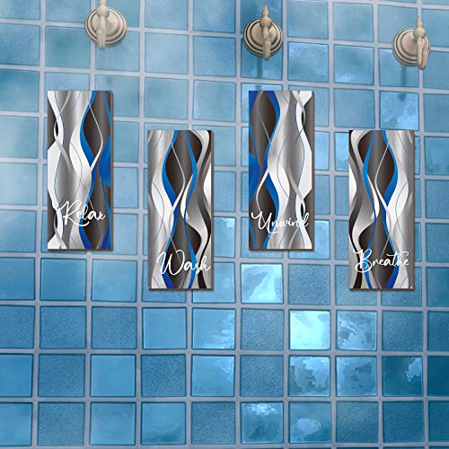 Qunclay Set of 4 Pcs 11 x 4 Inch Blue and Black Striped Bathroom Wall Art Grey and White Relax Soak Unwind Breathe Wall Art Farmhouse Rustic Wood Bathroom Decor Hanging Modern Wooden Printed Sign