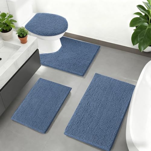 RUN HELIX Blue Bathroom Rugs Sets 4 Piece with Toilet Lid Cover, Non Slip Bathroom Mats Extra Soft Chenille Bath Rugs Absorbent Shaggy Rugs Perfect Plush Mats U-Shaped Toilet Rug Bathoom Set - color: Dark Blue, size: 1'8" x 2'8" (Square + oval + U-shape)