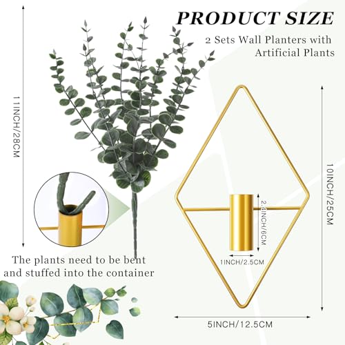 Jexine 4 Pcs Hanging Planters with Artificial Eucalyptus Metal Hanging Vase Indoor Plants Holder Modern Geometric Boho Bathroom Wall Decor for Living Room Home Office (Eucalyptus,Gold) - color: Gold, size: Eucalyptus